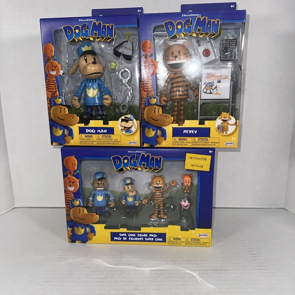Dog Man Movie 5 Inch Dog Man & Petey Figures With Supa Cool 5 Pack Set NEW. NIB.